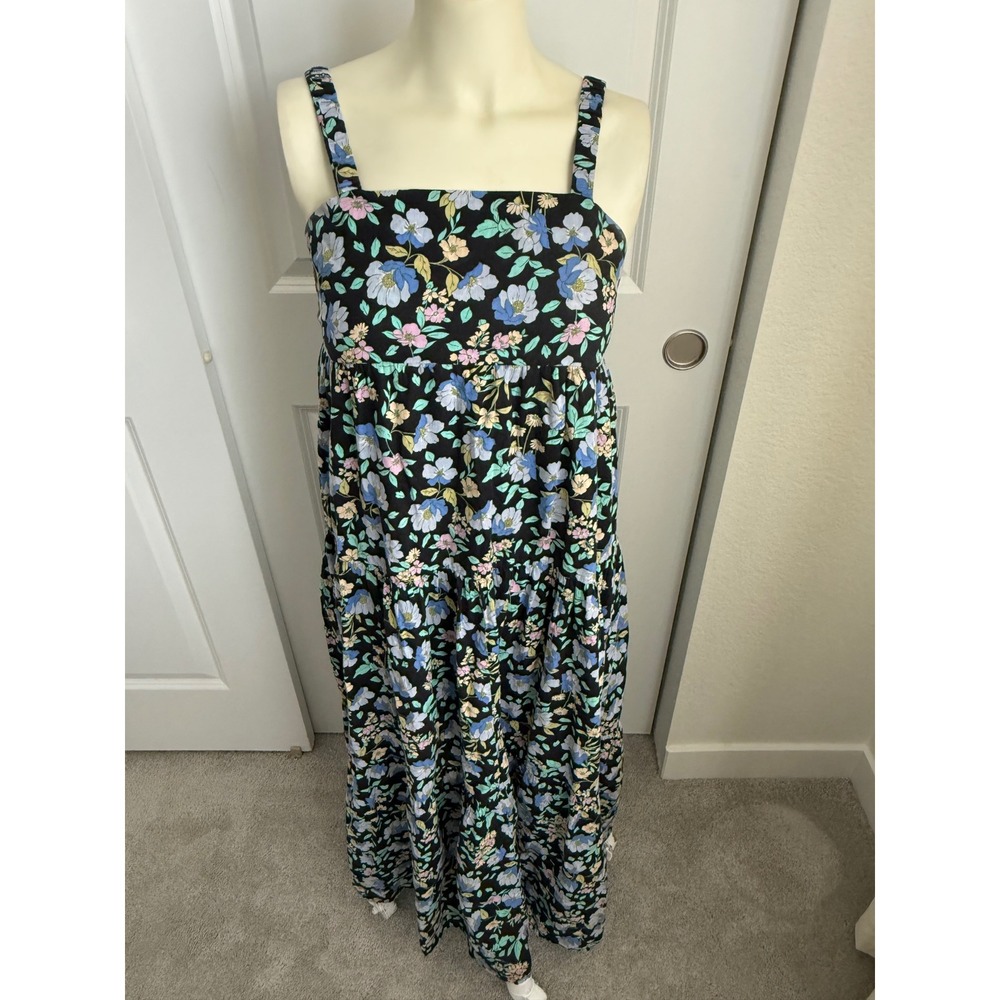 Moon River Floral Tiered Maxi Dress Black Blue Pink Square Neck Size: Women's XS